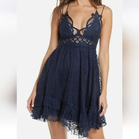 NWT, Free People ONE, Adella Burnout Lace Slip Mini Dress, Navy, XS - Picture 4 of 15
